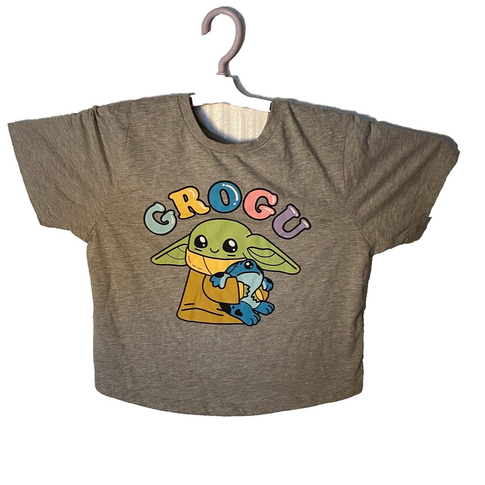 Star Wars Womens Gray The Mandalorian Grogu Cute Frog Cropped T-Shirt Size SM